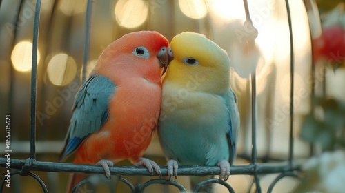Colorful lovebirds sharing a tender moment inside a cage in a cozy setting