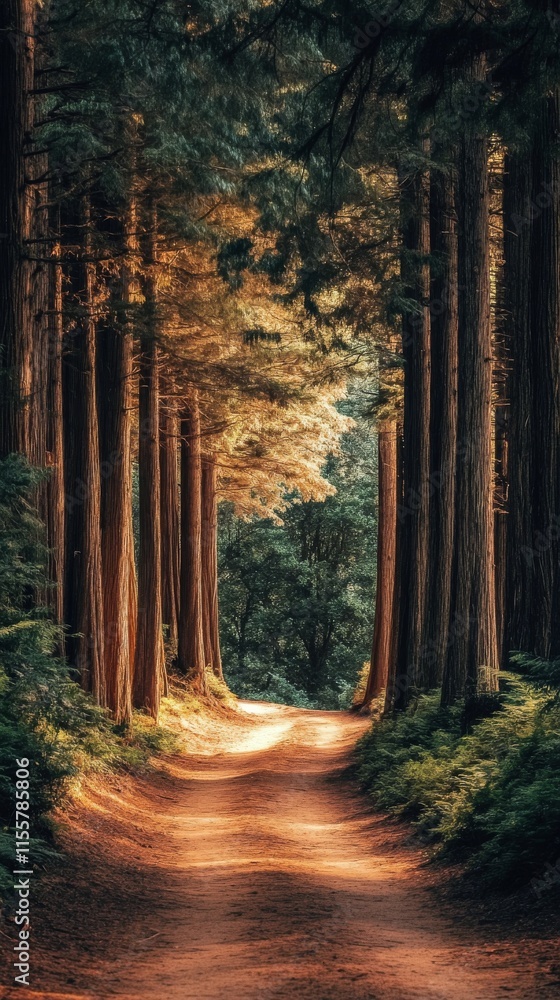 Fototapeta premium Winding path through lush forest with tall trees during daylight
