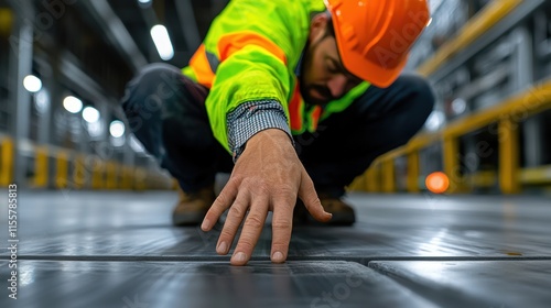 Construction worker reaching for materials in industrial site focused hand gesture indoor environment dynamic concept photo