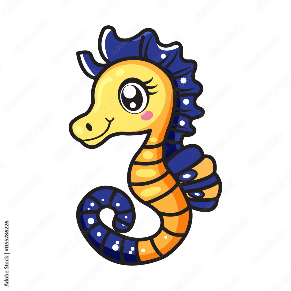 Fototapeta premium Cute Seahorses Cartoon Kawaii Sticker. Character Vector Illustration