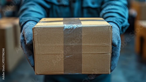 Worker prepares package for shipping in a busy warehouse during the day