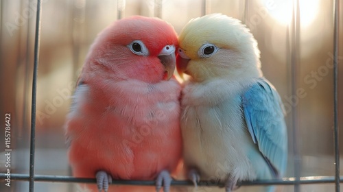 Colorful lovebirds sharing a tender moment inside a cage in a cozy setting