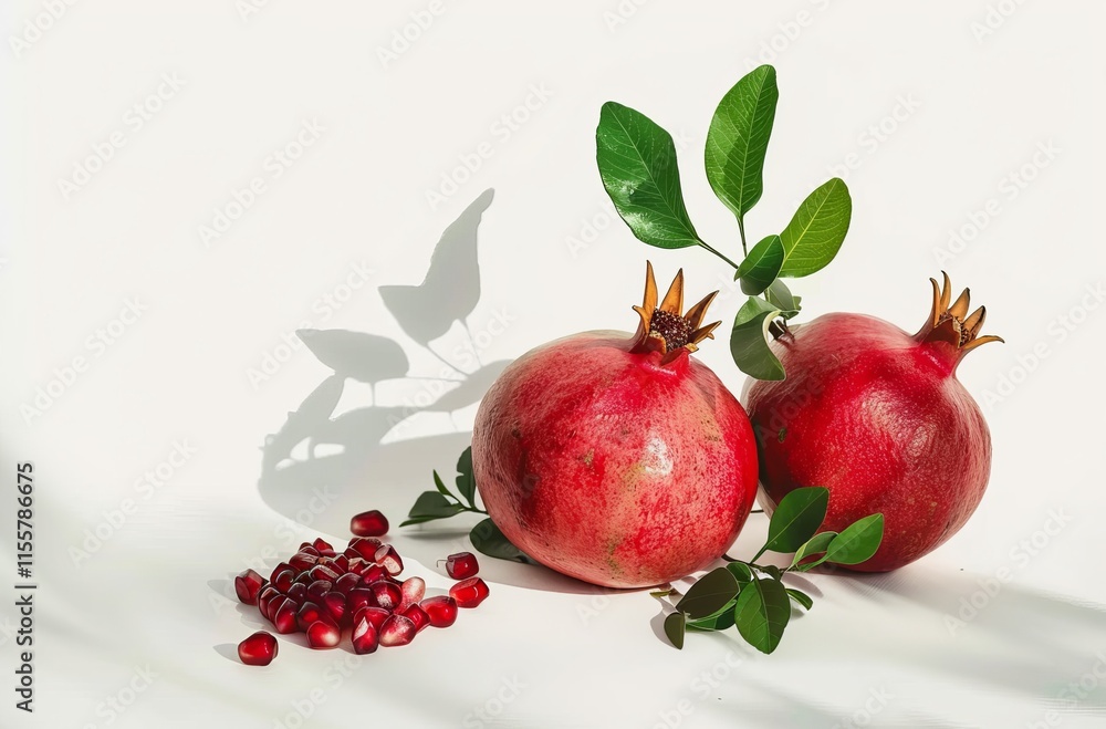 Pomegranate with leaves and seeds isolated on a white background, in a flat lay. With a clipping path. Full depth of field. The concept for health care advertising or the pomegranate fruit on a branch Pomegranate with leaves and seeds isolated on a white background, in a flat lay. With a clipping path. Full depth of field. The concept for health care advertising or the pomegranate fruit on a branch