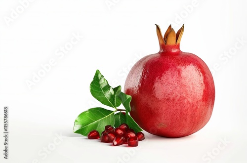 Pomegranate with leaves and seeds isolated on a white background, in a flat lay. With a clipping path. Full depth of field. The concept for health care advertising or the pomegranate fruit on a branch photo