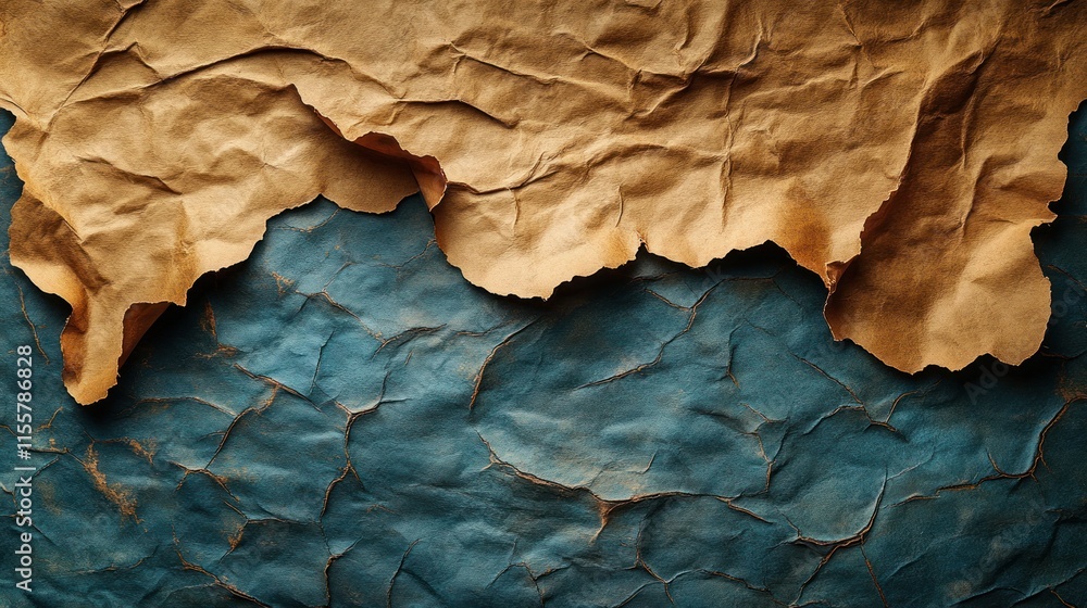 Fototapeta premium Crumpled brown paper on textured blue background.