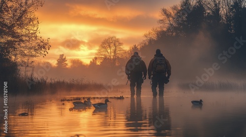Two hunters wade through foggy wetland with ducks in early morning
