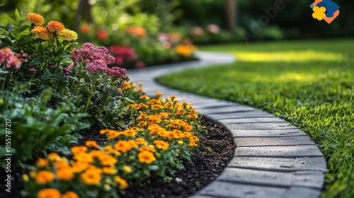 Beautiful garden landscape design with colorful flowers and manicured greenery
