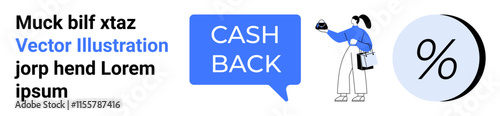 Text block, female shopper holding coin wearing blue and black, blue CASH BACK speech bubble, percentage icon. Ideal for e-commerce, sales, promotions, discounts, marketing, advertisements, business