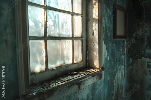 Abandoned room with decayed walls and sunlight streaming through a dusty window, creating a hauntingly beautiful atmosphere that evokes nostalgia and mystery photo