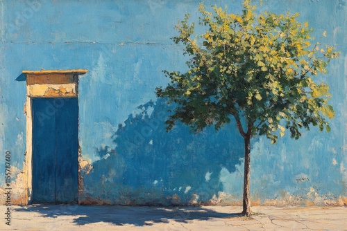 Vibrant tree casting shadow against bright blue wall in urban setting during ...