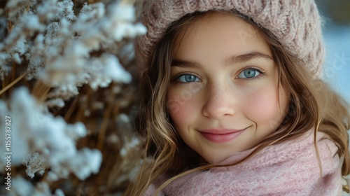 Snowy winter portrait of a girl smiling with blue eyes and cozy knitwear