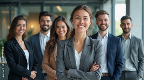 Diverse Business Team in Office Environment. Smiling Professionals Ready for a Team Meeting. Group of Business Colleagues in Corporate Setting. 