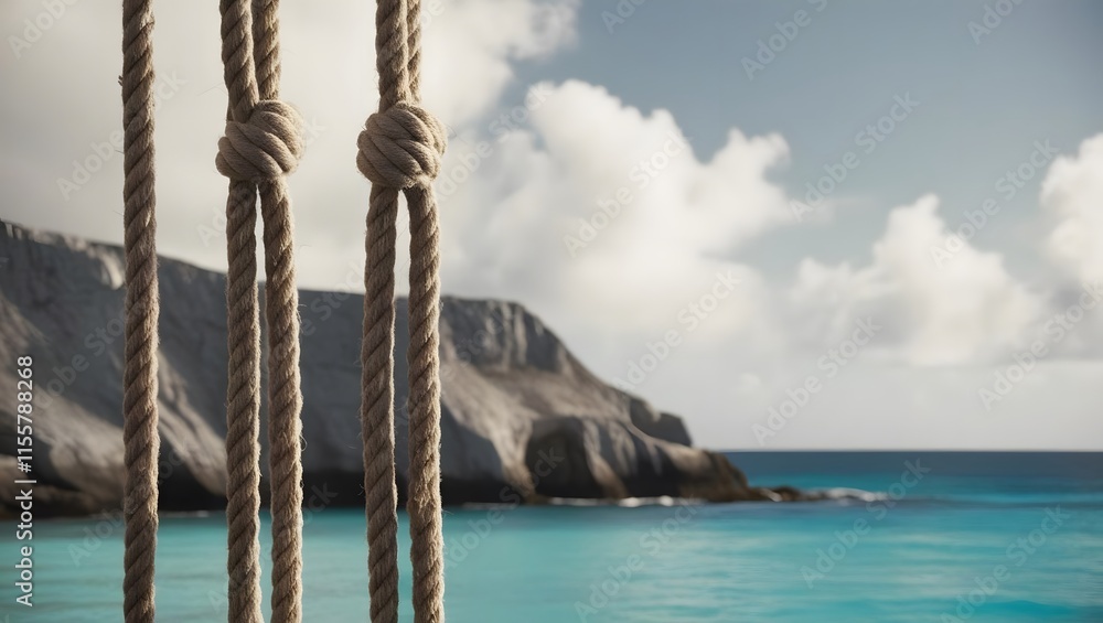 Fototapeta premium Coastal Serenity: Knotted ropes against a breathtaking turquoise ocean and cloudy sky, evoking tranquility.