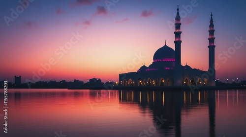 Beautiful sunset over mosque with vibrant colors reflected in water