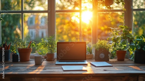 Cozy workspace with laptop and plants illuminated by sunset glow in a serene ...