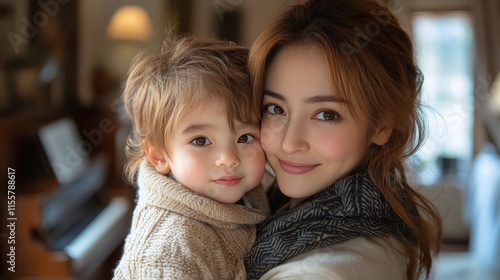 Mother and child sharing a joyful moment in a cozy home setting during a wint...