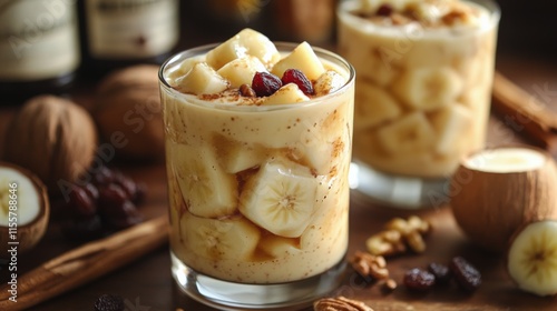 Delicious banana dessert served in a glass with nuts and spices