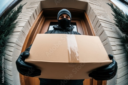 Thief wearing mask and gloves stands at door holding parcel during winter