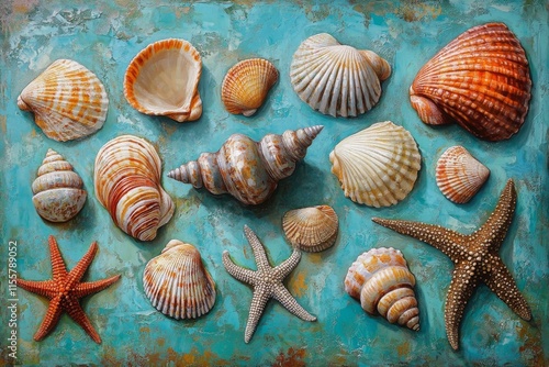 Diverse collection of seashells and starfish on a textured blue background