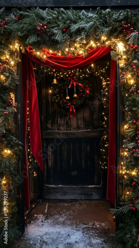 Doorway highlighted by illuminated garlands, red velvet ribbons, and a wreath featuring bells and festive berries-2