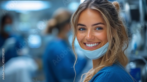 Experienced female doctor in a busy hospital environment interacting with med...