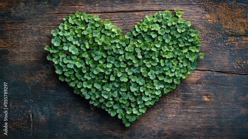 Heart shaped greenery arrangement on rustic wooden background creating a natu...