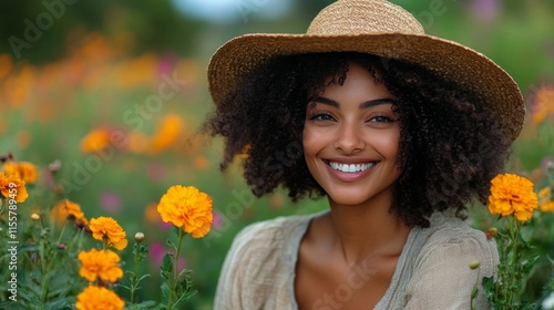 Smiling woman enjoying a sunny day among vibrant marigold flowers in a lush g...