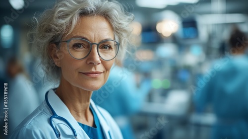 Experienced female doctor in a busy hospital environment interacting with med...