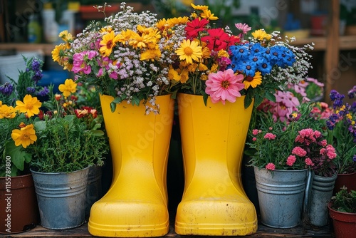 Bright yellow boots filled with colorful flowers in a vibrant garden setting
