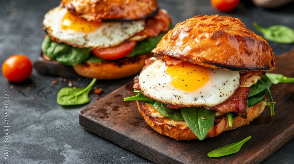 Fresh Spinach and Egg Sandwich on Wooden Board Fresh Spinach and Egg Sandwich on Wooden Board