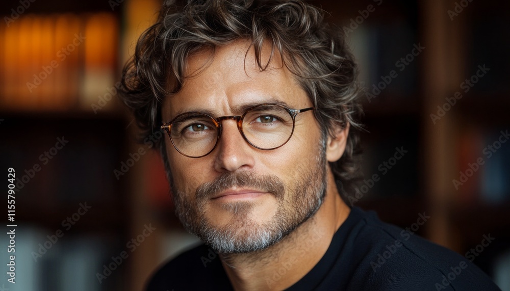 Curly-haired man wearing glasses smiles while sitting in a cozy library setting Curly-haired man wearing glasses smiles while sitting in a cozy library setting