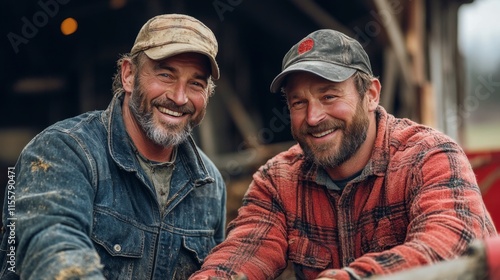 Two friendly farmers smiling in a rustic barn setting during late afternoon l...