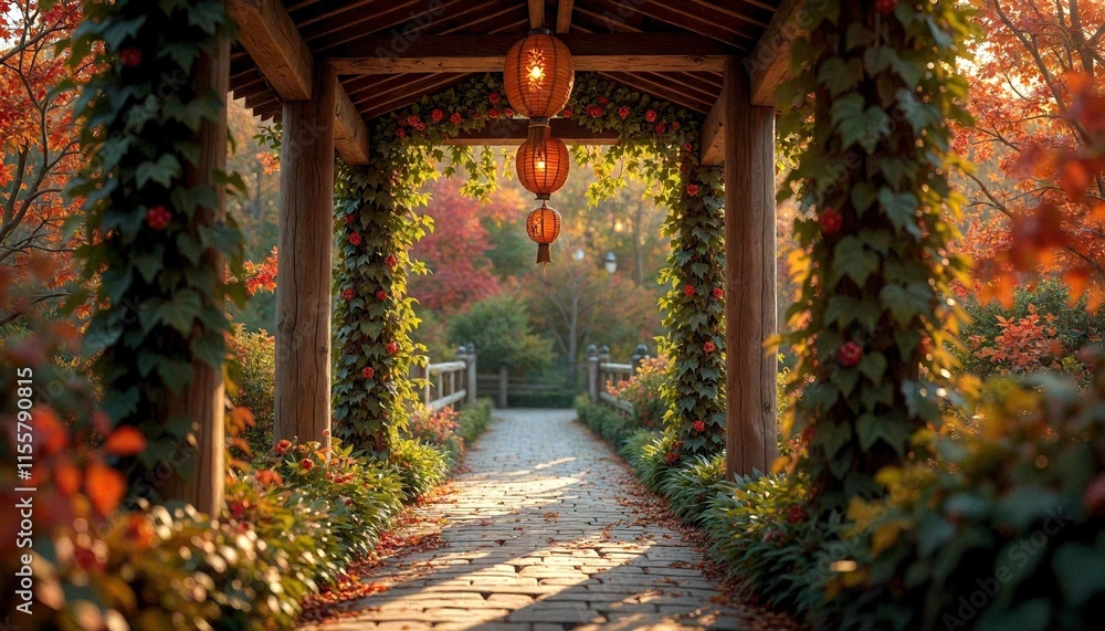 Rustic Wooden Pathway with Ivy and Animal Lanterns Rustic Wooden Pathway with Ivy and Animal Lanterns