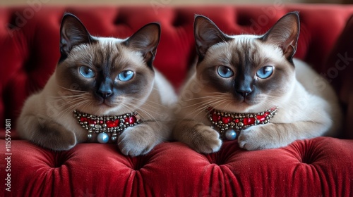 Siamese cats relaxing together on a vintage orange velvet couch in a cozy ind...