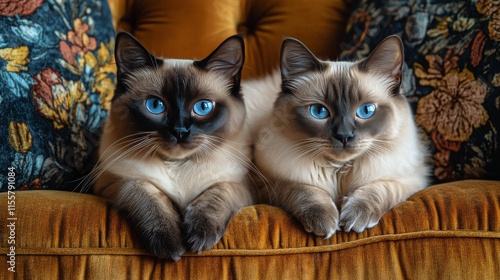Siamese cats relaxing together on a vintage orange velvet couch in a cozy ind...