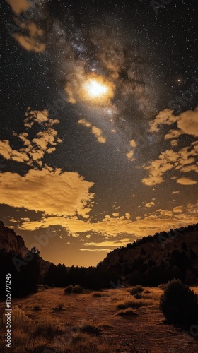 Stunning night sky illuminated by moonlight and clouds over rugged landscape