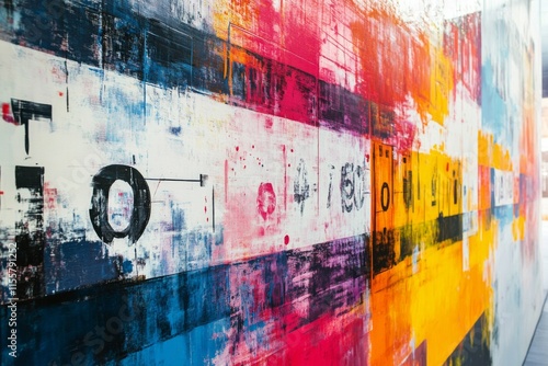 Colorful abstract wall art in urban space showcasing vibrant patterns and tex...