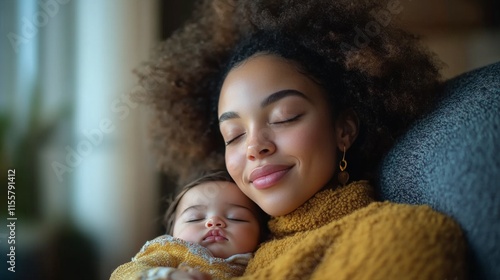 Mother and child share a warm moment while resting on a cozy couch in a color...