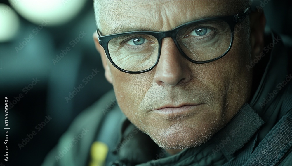 Focused man wearing glasses prepares for a challenging race in a cockpit setting Focused man wearing glasses prepares for a challenging race in a cockpit setting