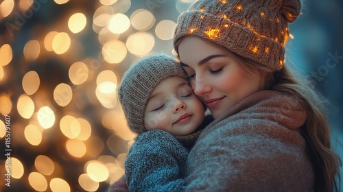 Mother and child share a warm moment while resting on a cozy couch in a color...