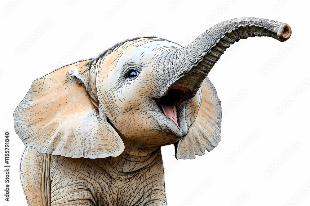 Obraz premium Happy Young Elephant with Outstretched Trunk and Cheerful Expression