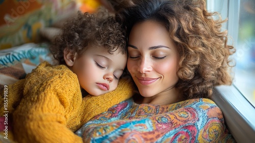 Mother and child share a warm moment while resting on a cozy couch in a color...