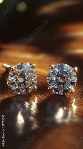 Brilliant diamond earrings showcasing intricate design and sparkle on a woode...