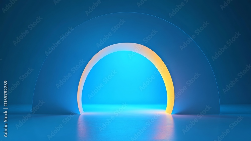 A minimalist archway illuminated with a gradient of blue and yellow light. A minimalist archway illuminated with a gradient of blue and yellow light.