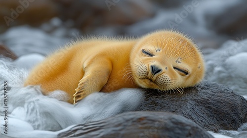 Sleeping baby seal rests peacefully on a rock by the waters edge in a serene ...