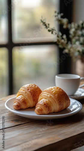 Freshly baked croissants on a rustic wooden table enhancing breakfast joy