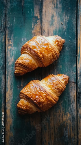 Freshly baked croissants on a rustic wooden table enhancing breakfast joy
