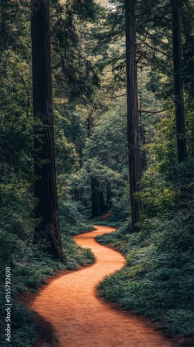 Winding path through lush forest with tall trees during daylight
