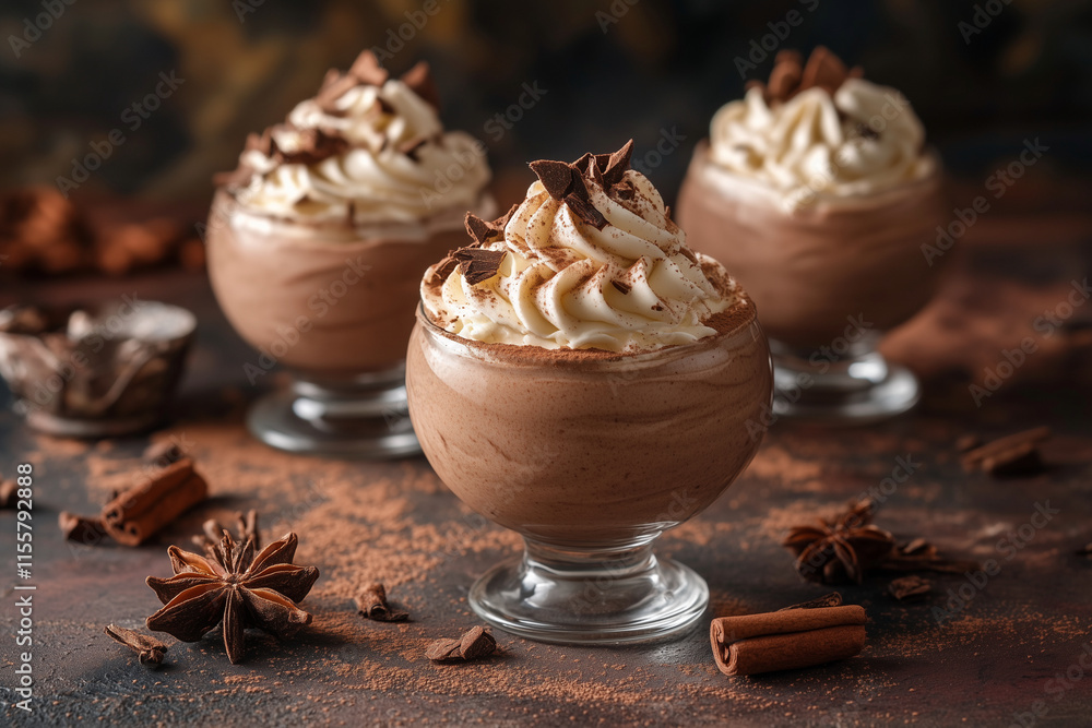 Three chocolate desserts with whipped cream and chocolate sprinkles on top. The desserts are in small glass cups and are placed on a table Three chocolate desserts with whipped cream and chocolate sprinkles on top. The desserts are in small glass cups and are placed on a table