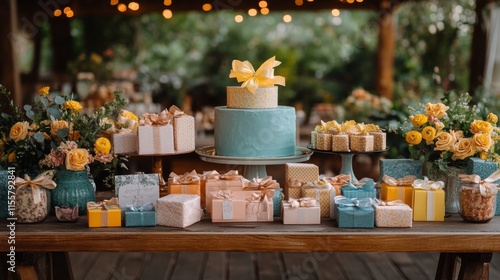 Decorative table arrangement with gifts and flowers for a festive celebration